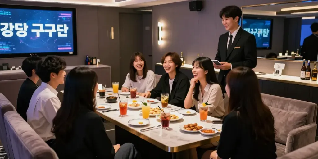강남 구구단에서 즐거운 시간을 보내는 친구들, 럭셔리한 룸에서의 사교적 분위기