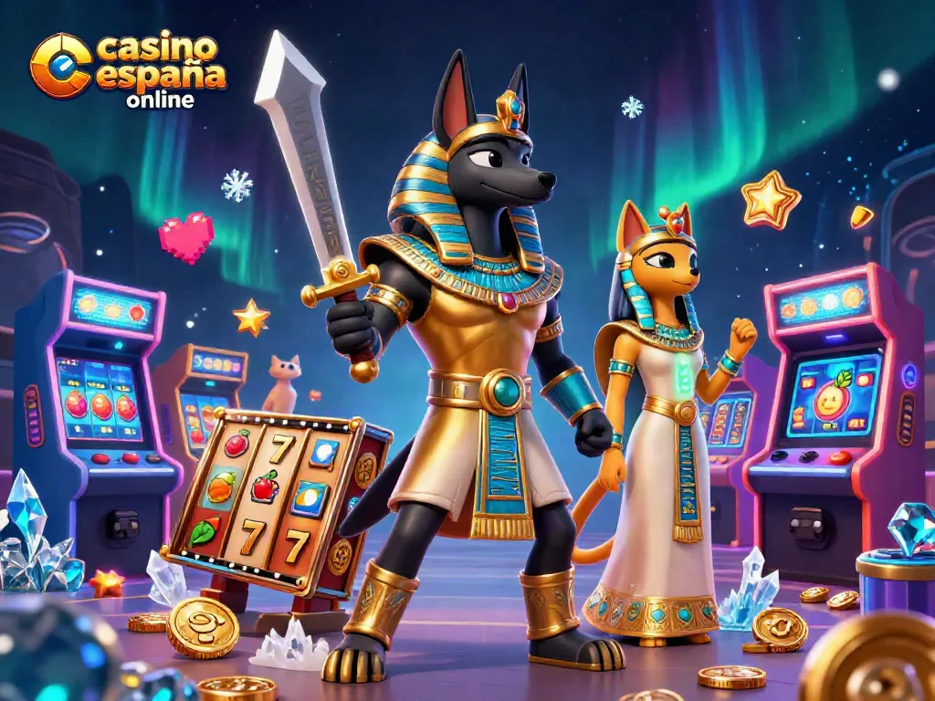 Juega en el casino españa online con Anubis y Bastet rodeados de símbolos y máquinas tragamonedas.