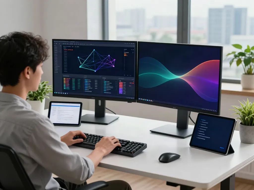 Developer using v2rayN in a modern tech workspace with dual monitors.