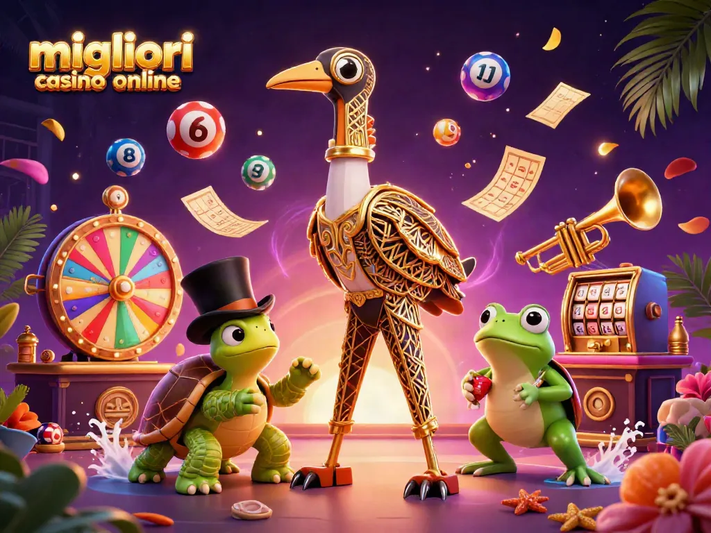 I migliori casinò online presentano una scena vivace con simboli di gioco e divertimento.