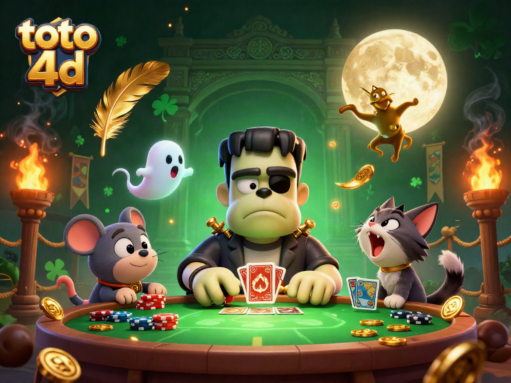 Engage with the vibrant toto 4d world featuring a Frankenstein bulldog and ghost mouse at a captivating card table.