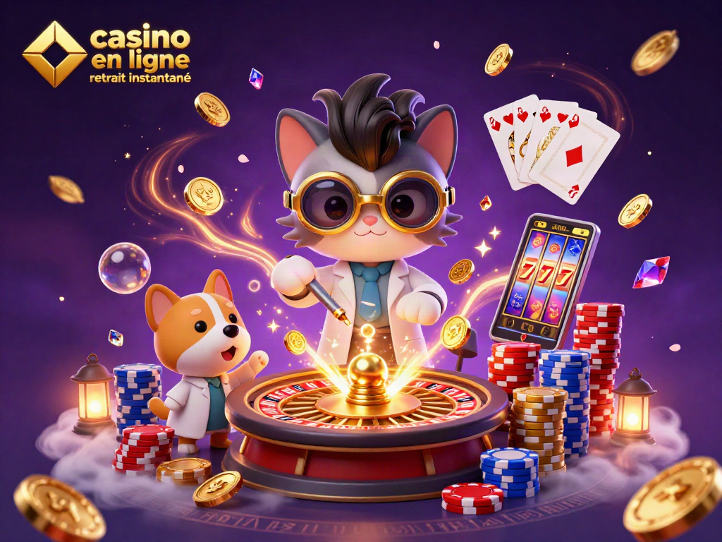 Jouez au casino en ligne avec retrait instantané dans une scène dynamique pleine de pièces d'or et de jeux d'argent.