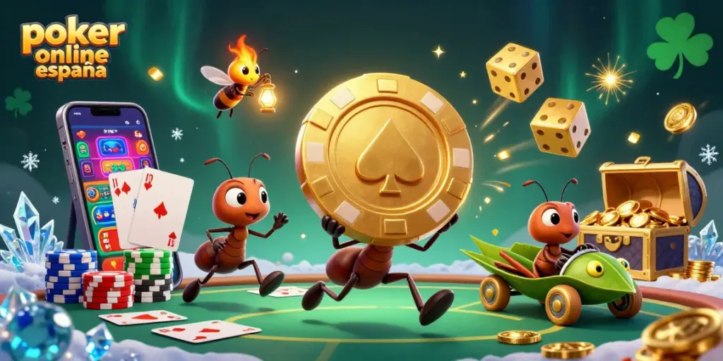 Juega al póker online España con un emocionante equipo de personajes caricaturescos en acción.