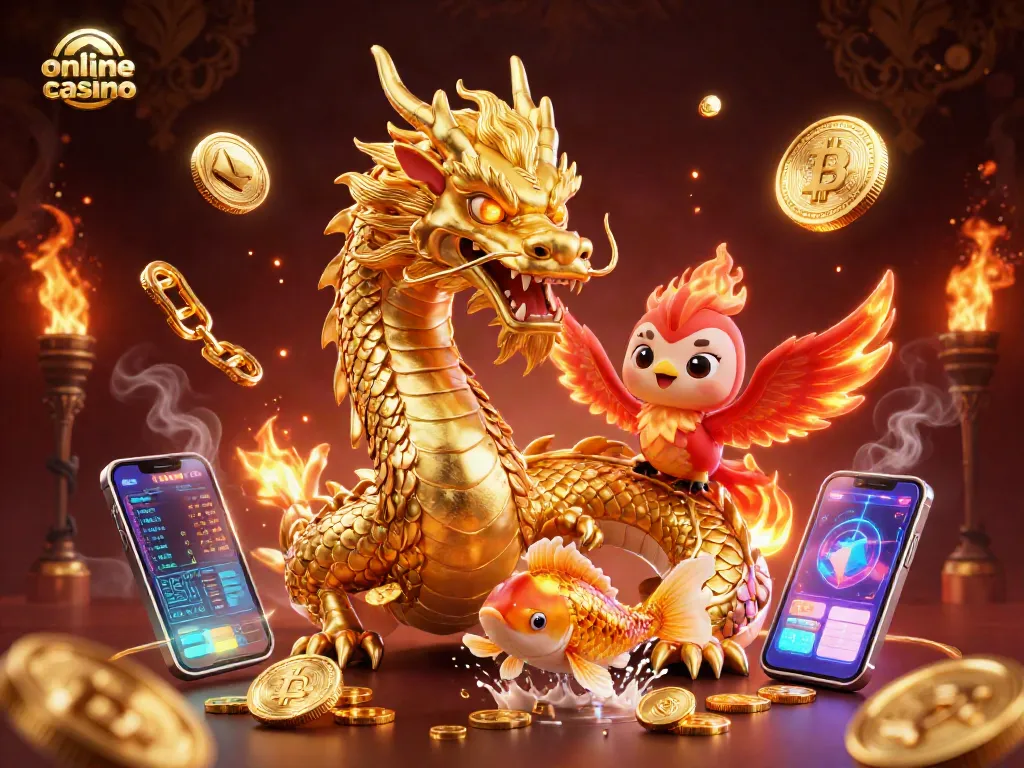 Juega en un casino en línea con un dragón dorado, un fénix y un koi sobre monedas brillantes.