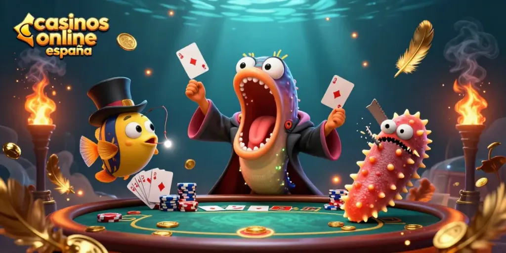 En esta ilustración 3D, un anguila gulper realiza trucos de cartas mientras destaca la magia de los casinos online España.