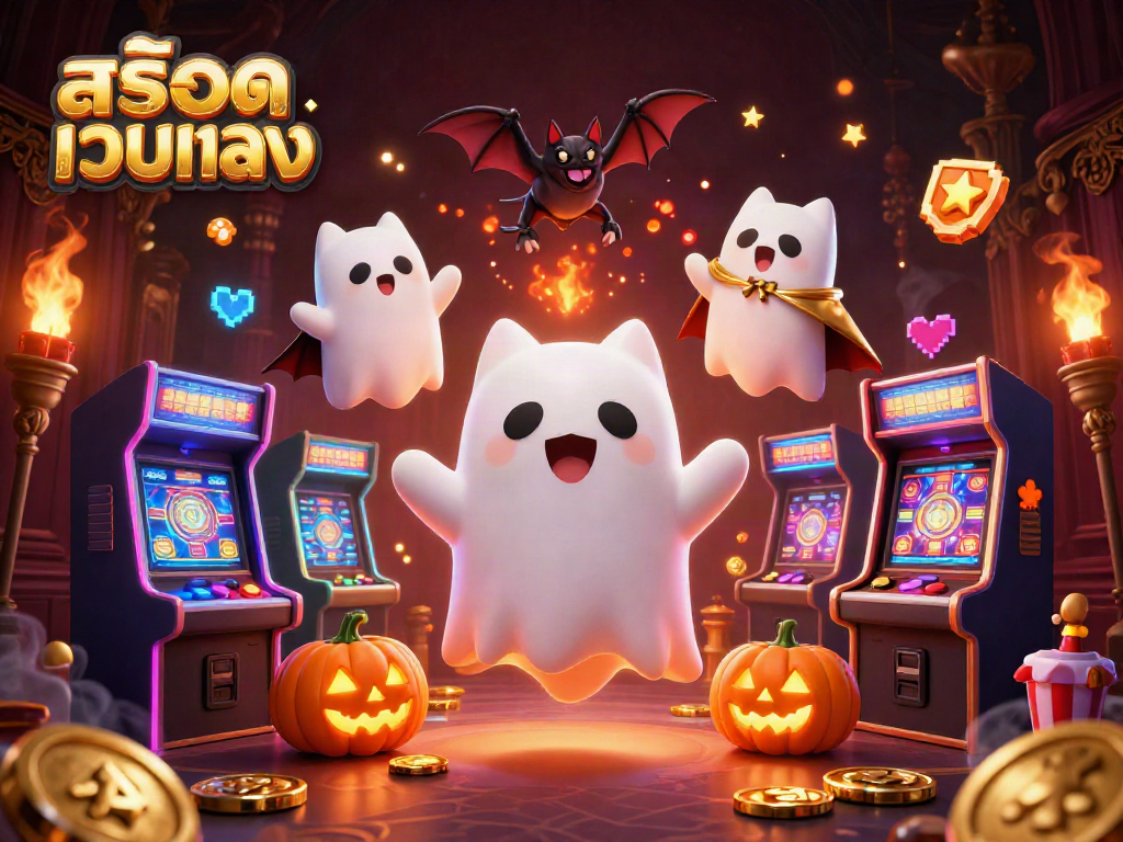 Experience the thrill of สล็อตเว็บตรง with a spectral cat and bat companion in a vibrant casino.