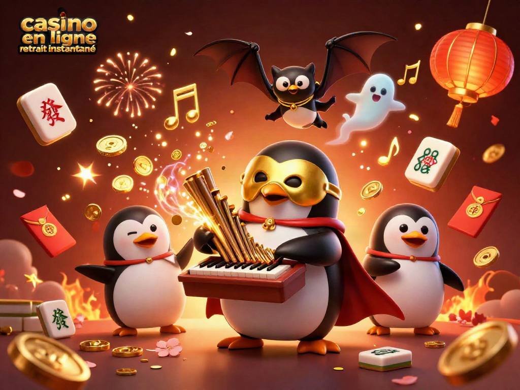Jouez au casino en ligne retrait instantané avec des gains rapides, illustré par un pingouin et des lumières festives.