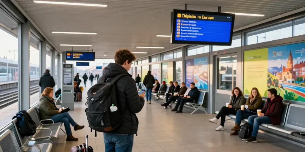 Autocar Chișinău Europa - călător la stația de autobuz modernă, pregătindu-se pentru o călătorie.