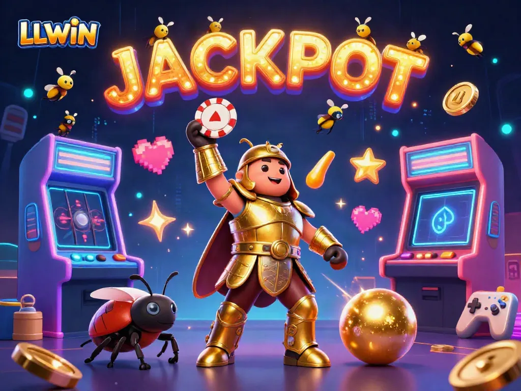 Experience LLWIN's thrilling gaming atmosphere with a victorious beetle champion among dynamic casino elements.
