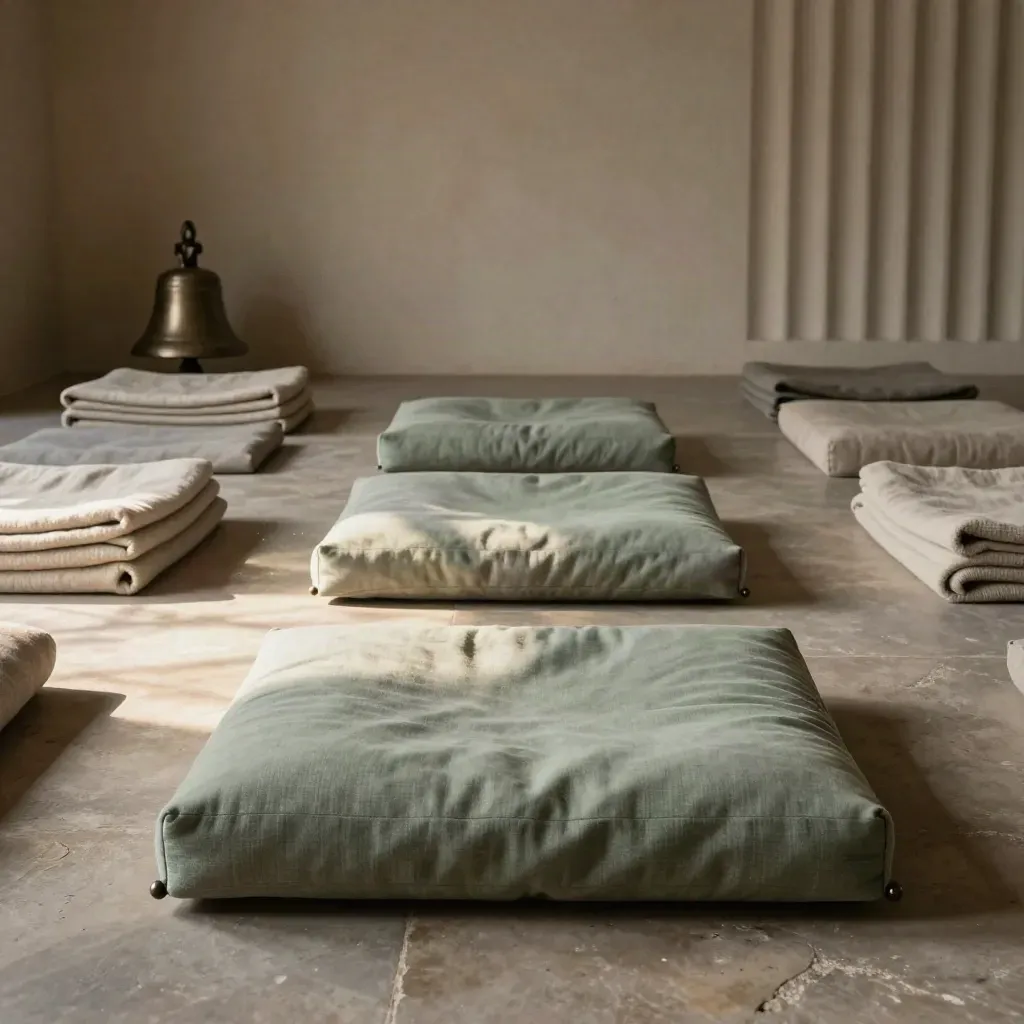 Dawn light over meditation cushions and bell in a calm practice room.