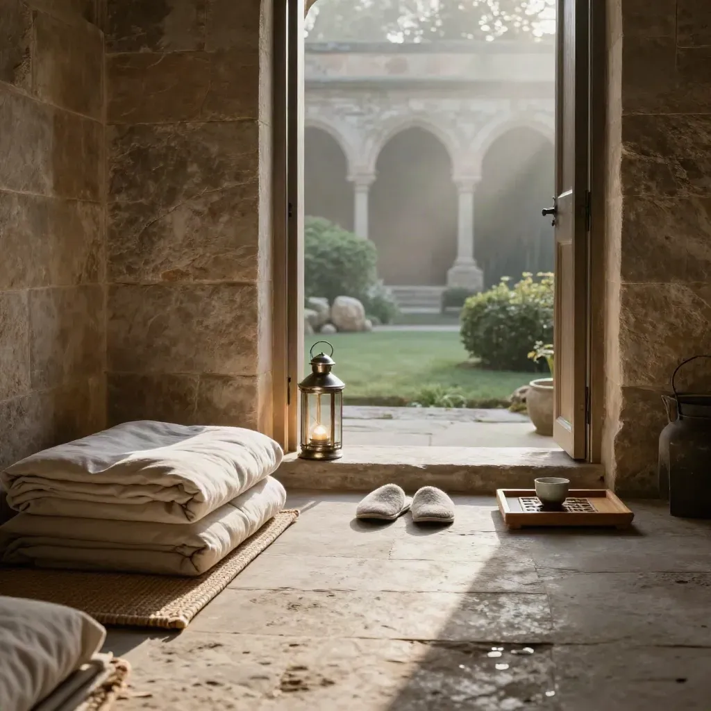 Stone sleeping alcove with folded futons, lantern, slippers, and tea tray by a garden doorway.