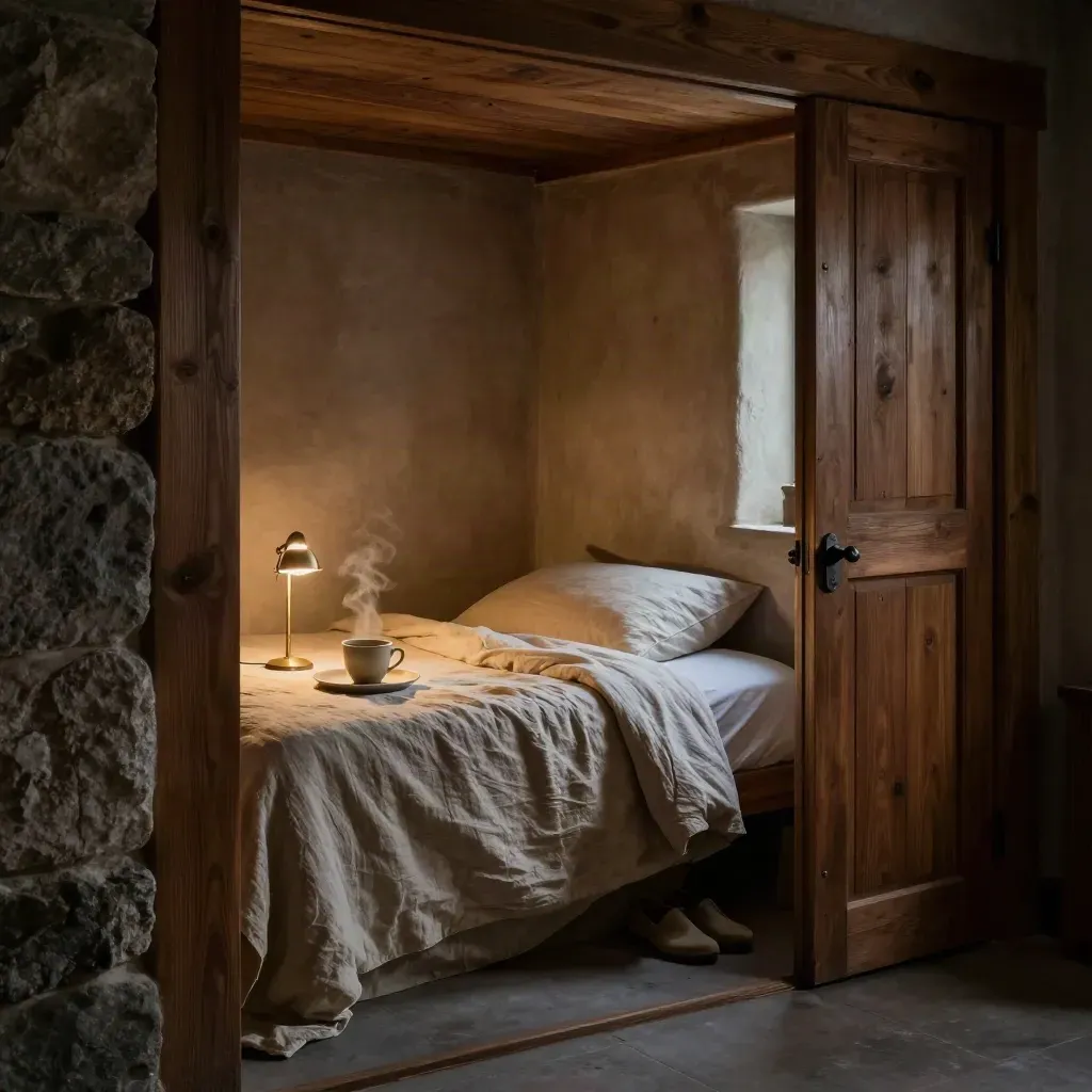 Quiet guest cell with linen bed, steaming cup, brass lamp, and shoes by the door at blue hour.