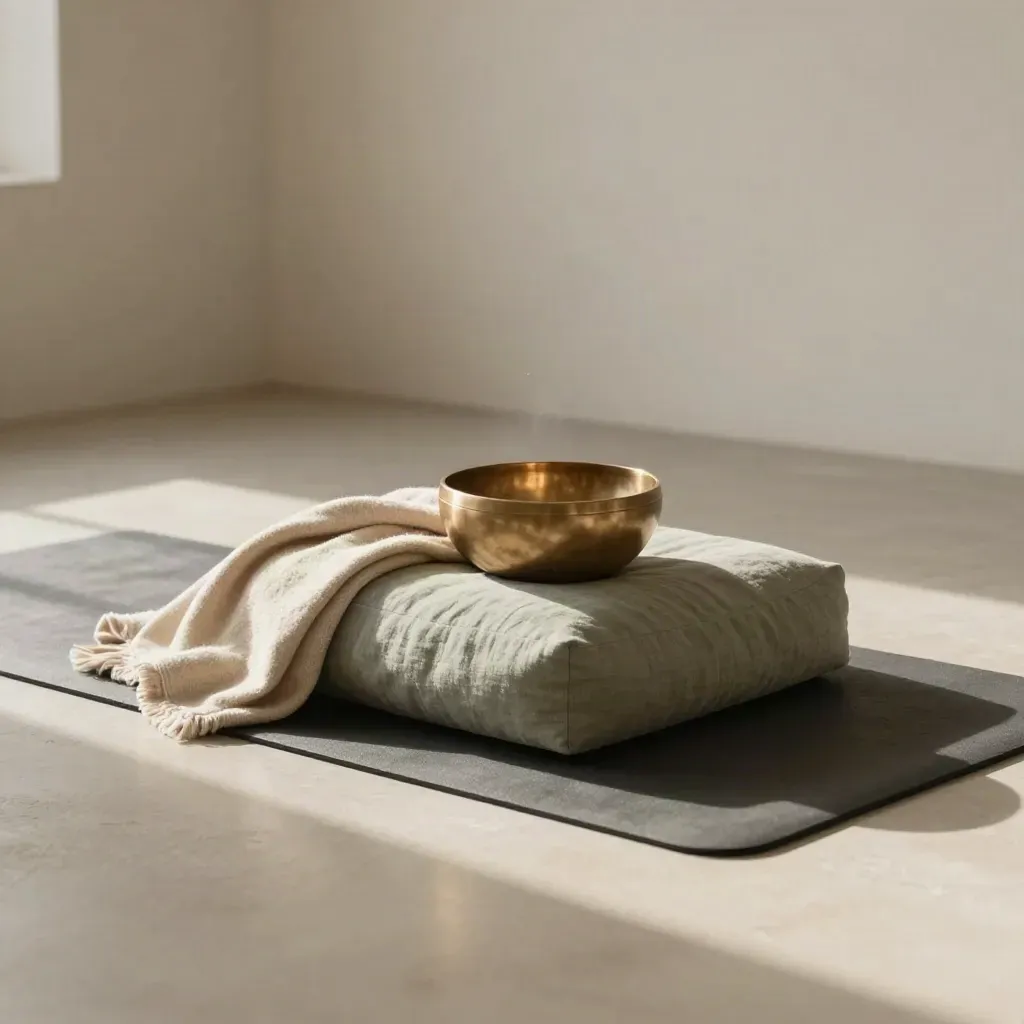 Quiet meditation room still life with cushion, blanket, singing bowl, and mat in soft light.