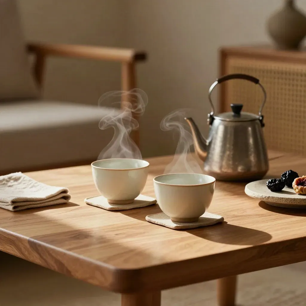 Tea cups and kettle on a low wooden table in warm window light, with steam rising.