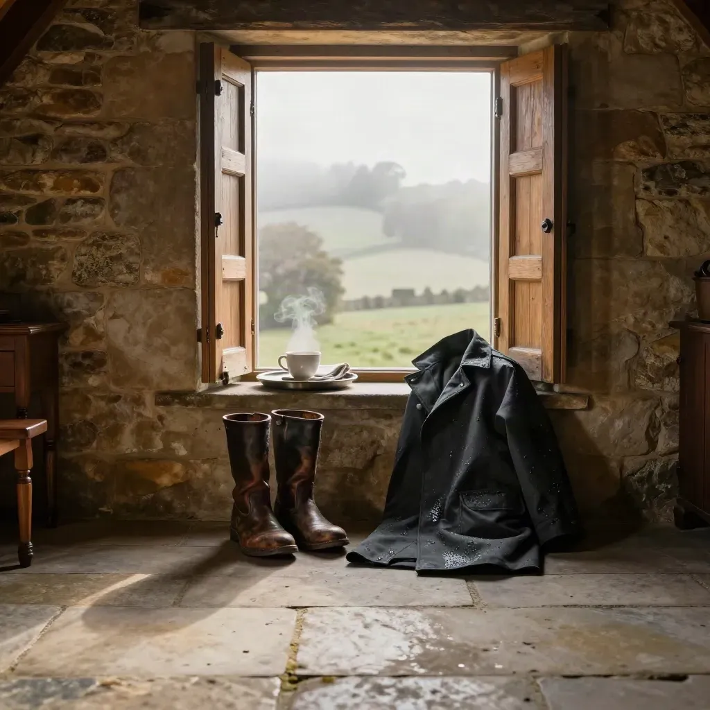 Stone corridor with boots, raincoat and tea tray beside open shutters and misty hills.