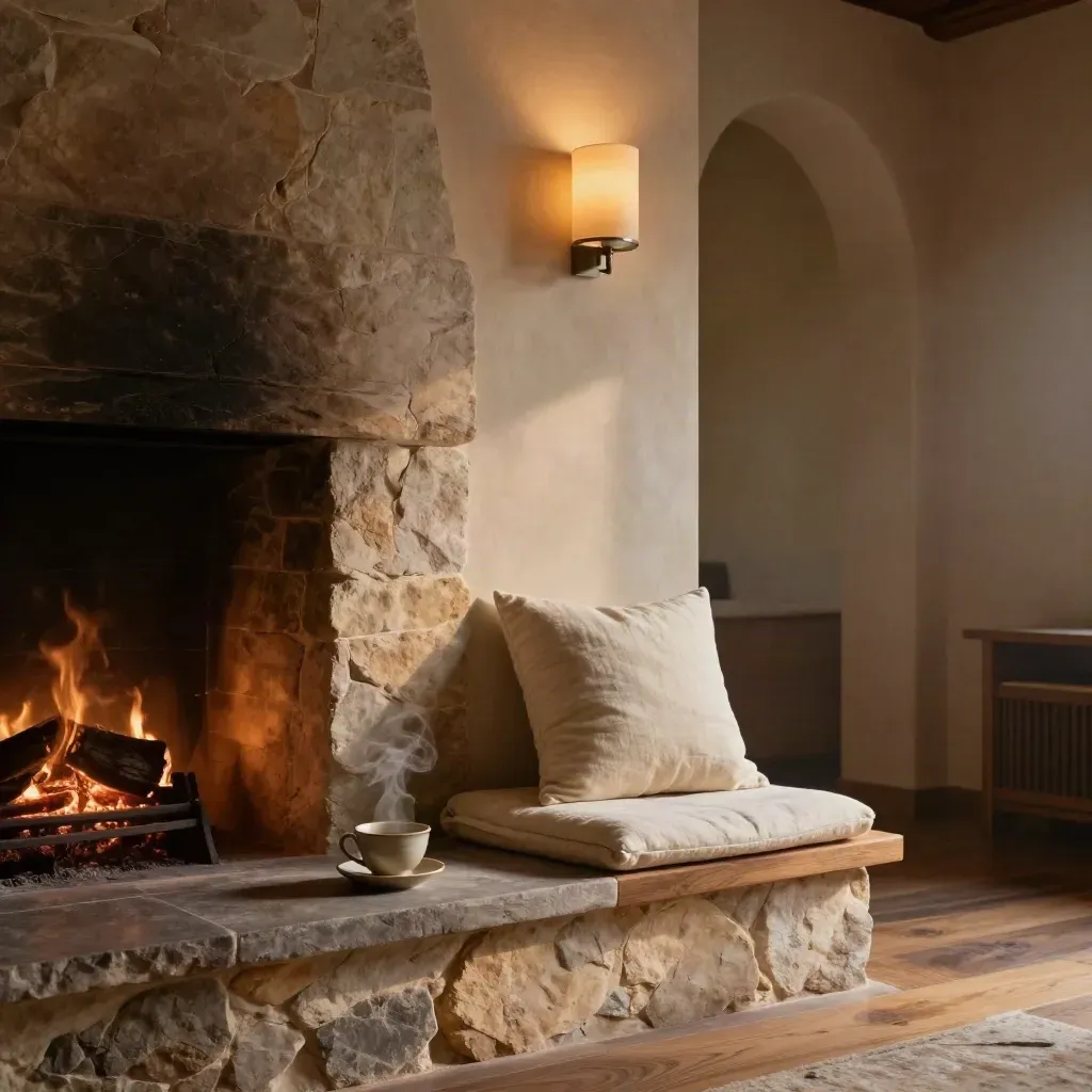 Amber stone sitting room with cushion, tea cup, wrap, and glowing wall sconce by the hearth.