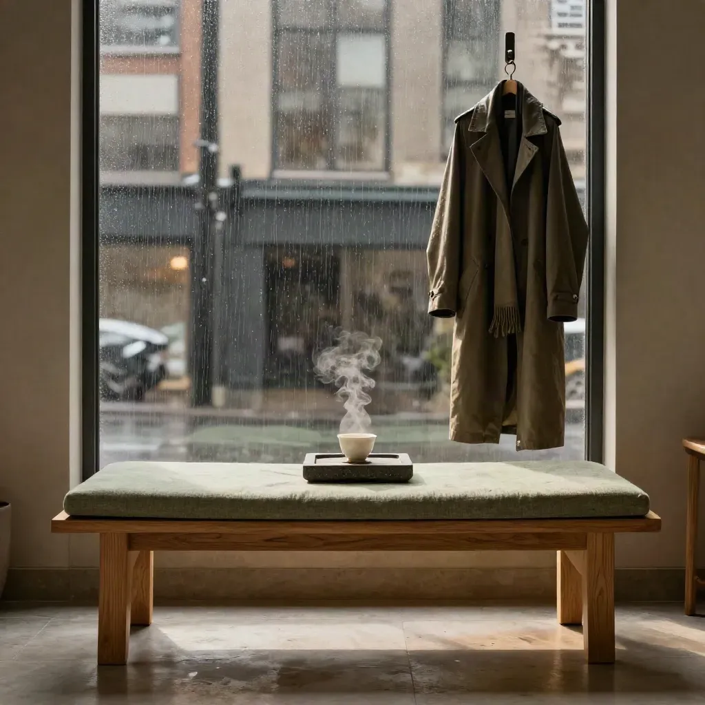 Rainy meditation room with bench, tea tray, coat hooks, and blurred city window