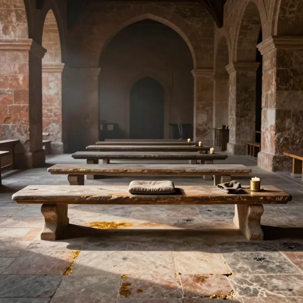 Stone hall with benches, cushion, candles and sun slanting across the floor.