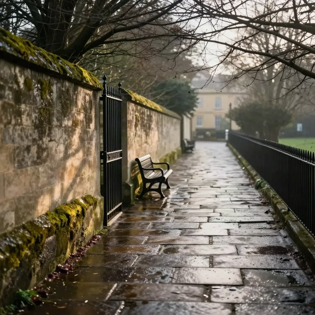 Wet stone lane with mossy wall, iron gate, and bench fading into rain mist
