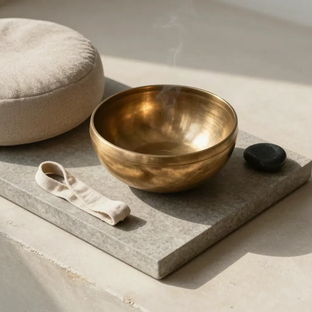 Overhead brass singing bowl with cushion, linen strap, and river stone on a stone tray.
