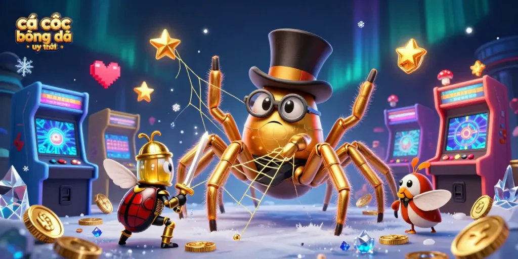 Cá cược bóng đá uy tín với hình ảnh tarantula vàng khổng lồ và những nhân vật độc đáo trong một cảnh tràn đầy sức sống