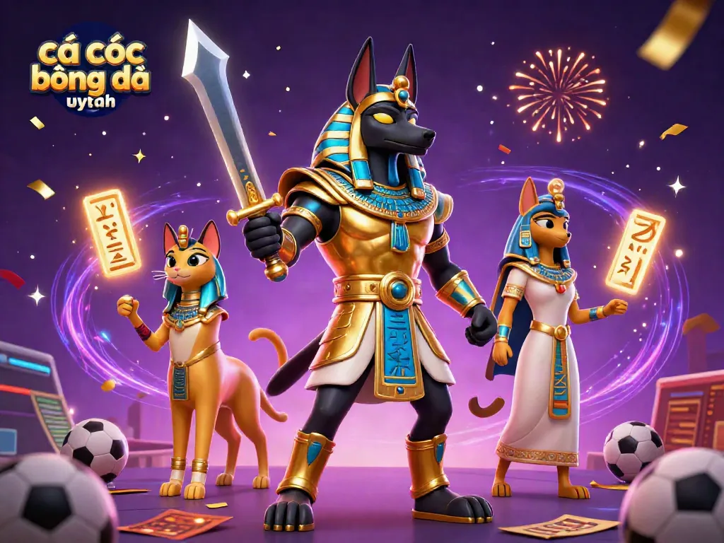 Cá cược bóng đá uy tín trong một hình ảnh 3D tuyệt đẹp với chiến binh Anubis và Bastet, tạo sự hấp dẫn cho người chơi.
