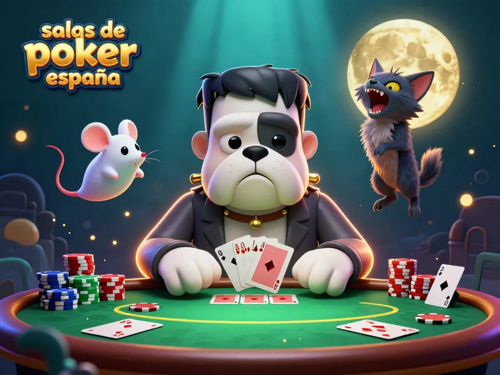 Salas de poker online España, el bulldog Frankenstein reparte cartas en una mesa mientras un ratón fantasma flota entre las fichas.