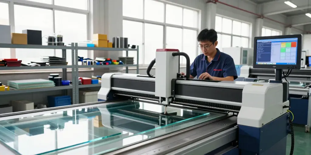Efficient workspace of a glass cutting machine manufacturer showcasing advanced technology and skilled technician.