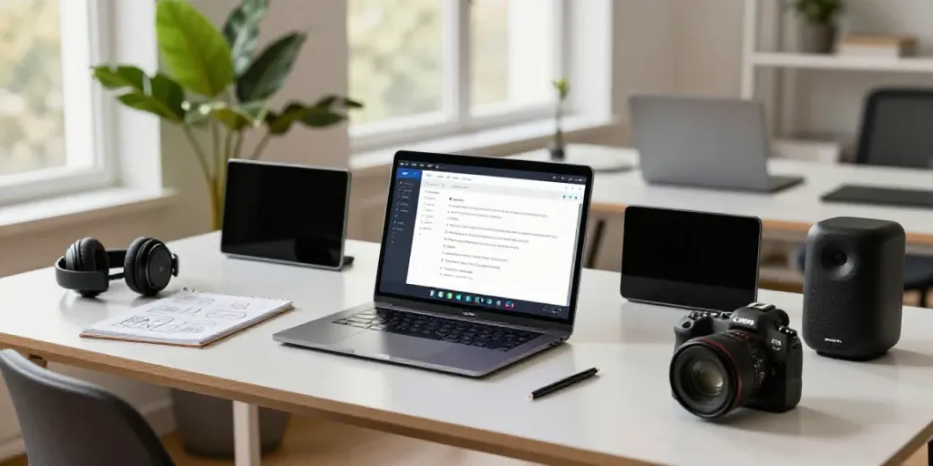 Creating AI generated electronics product descriptions in a modern workspace.