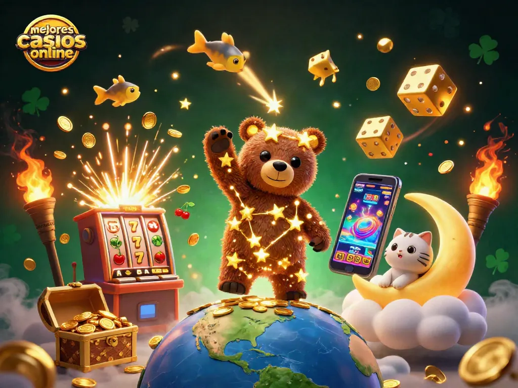 Explora los mejores casinos online con esta dinámica ilustración que muestra un divertido universo de juego.