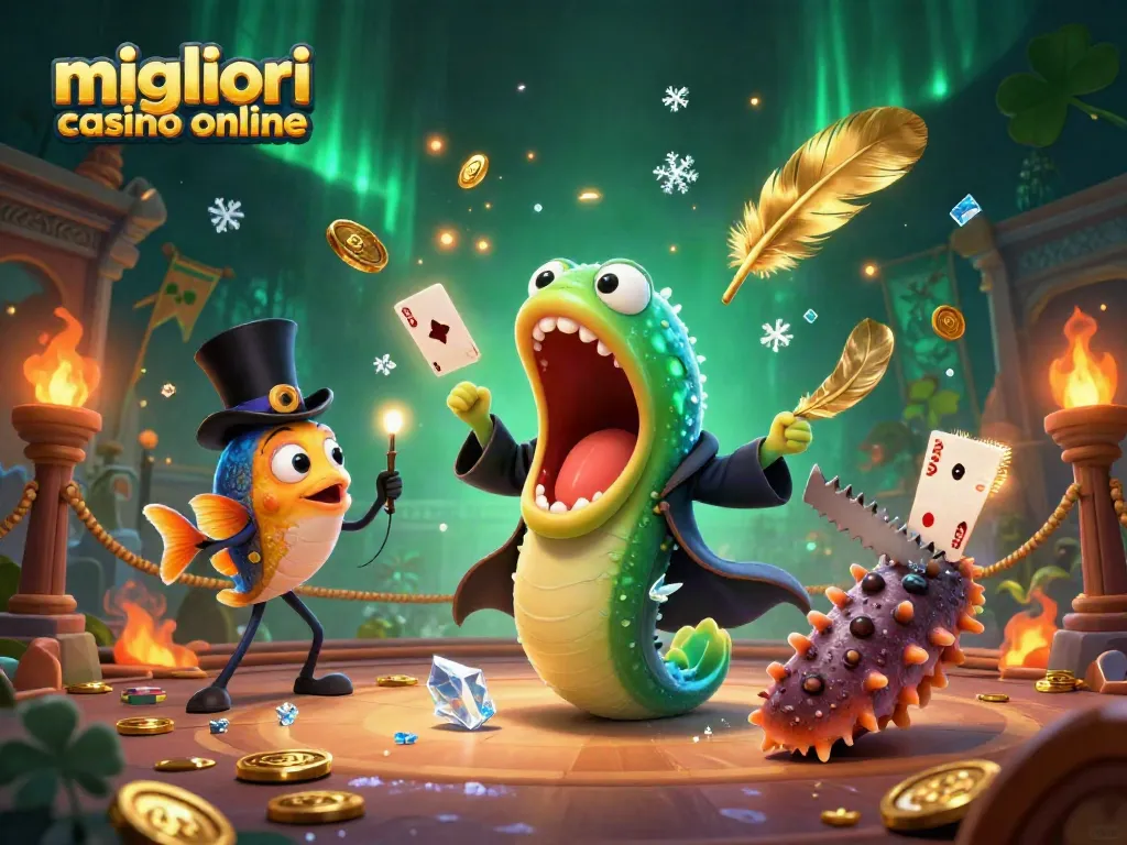 Scopri i migliori casino online con l'illustrazione affascinante di un'anguilla in giacca da mago e pesci abbaglianti.