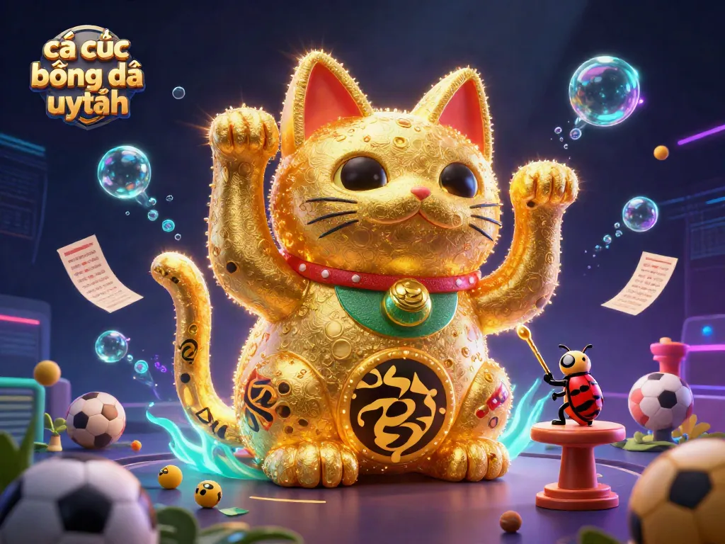 Cá cược bóng đá uy tín qua hình ảnh một chú mèo may mắn đáng yêu, bay giữa các đồ vật cược thể thao đầy màu sắc.