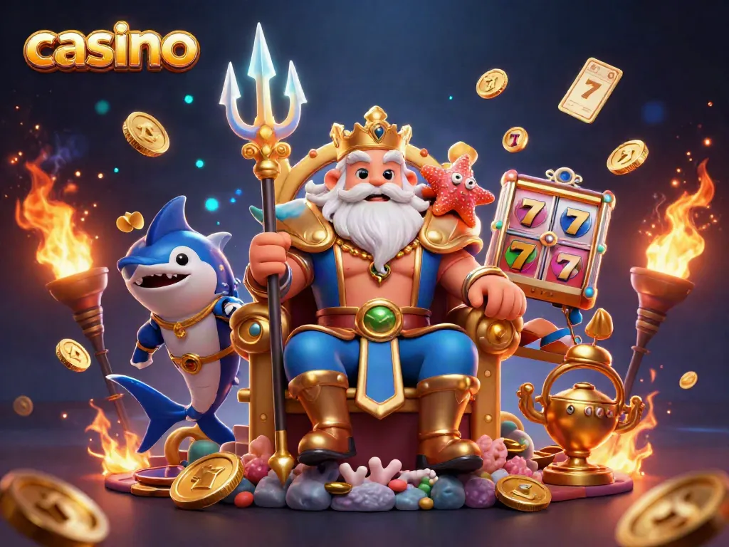 Experience thrilling casino vibes with a cartoon sea king and dynamic slot machines in an engaging atmosphere.
