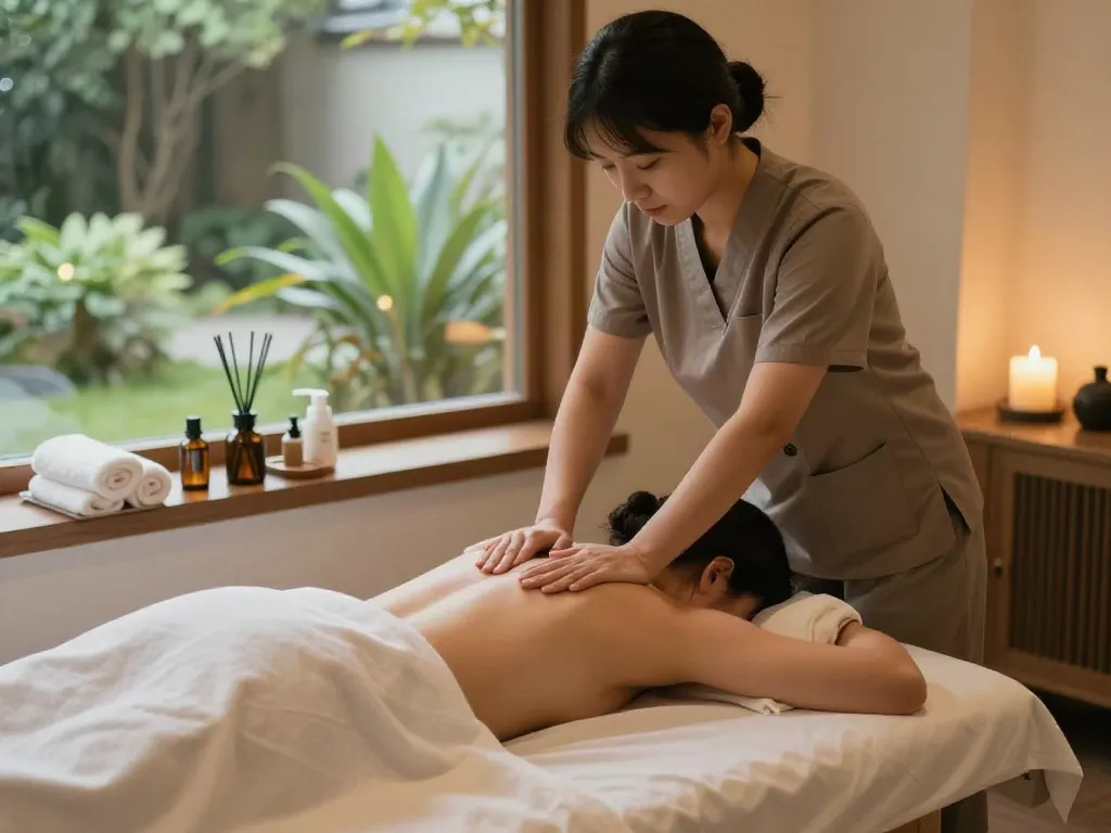 마석출장마사지 session in a tranquil spa setting with calming lights and natural elements.