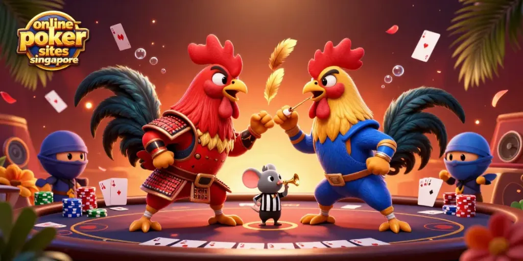 Experience the excitement of online poker sites Singapore featuring epic roosters in battle with poker elements.