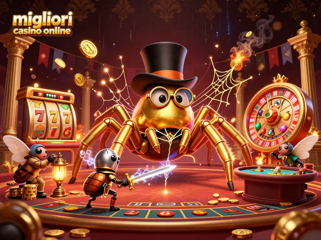 Scene di gioco nei migliori casino online con un ragno d'oro, un cavaliere coleottero e simboli delle slot.
