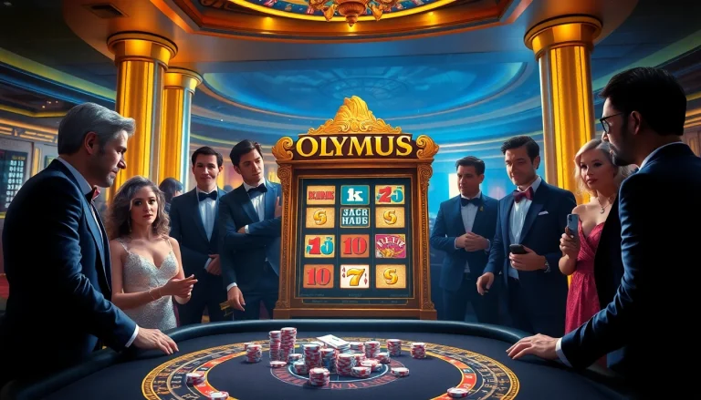 Experience the excitement of the Olympus slot with players engaged in thrilling gameplay amidst an elegant casino backdrop.