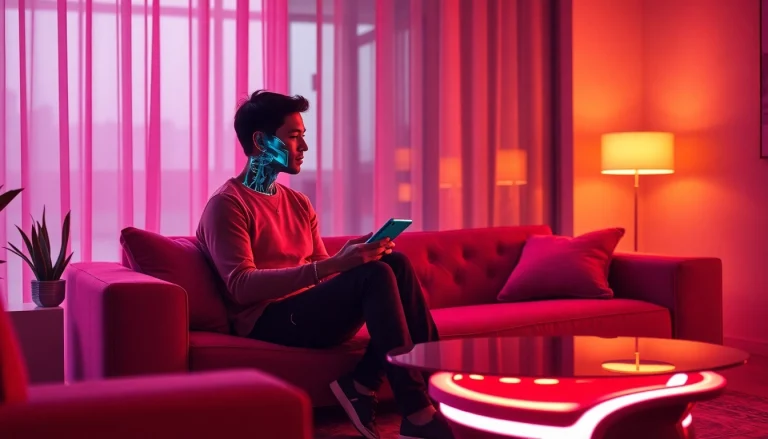 Engaging AI sex interaction in a cozy futuristic setting with warm tones.