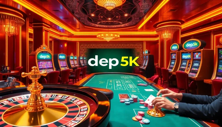 Players enjoying a vibrant casino scene with depo 5k gaming elements, including roulette and poker tables.