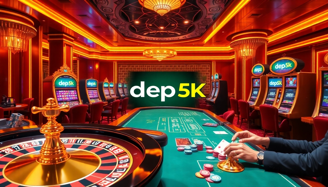 Players enjoying a vibrant casino scene with depo 5k gaming elements, including roulette and poker tables.