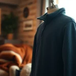 Fleece jas op een mannequin in een gezellige setting, belicht door warm licht.